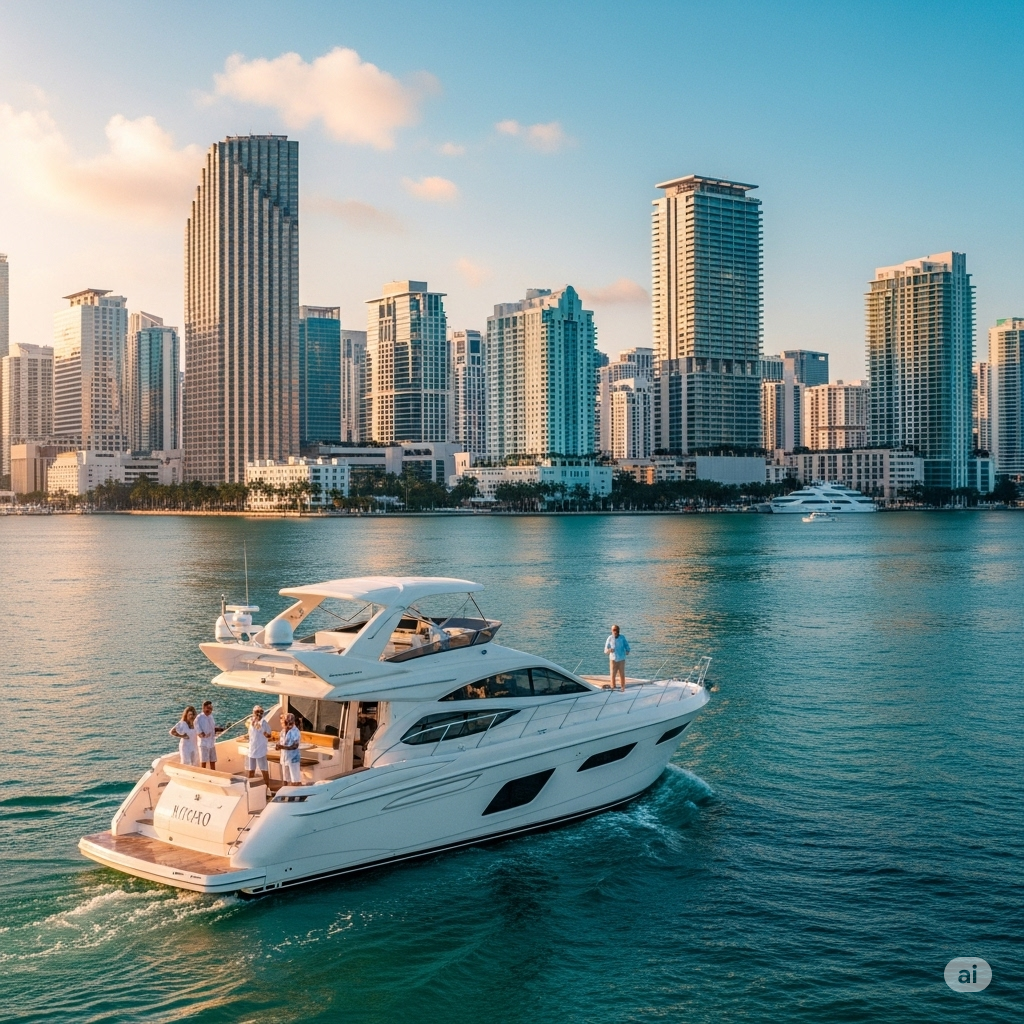 Luxury boat on the water with the Miami skyline in the background